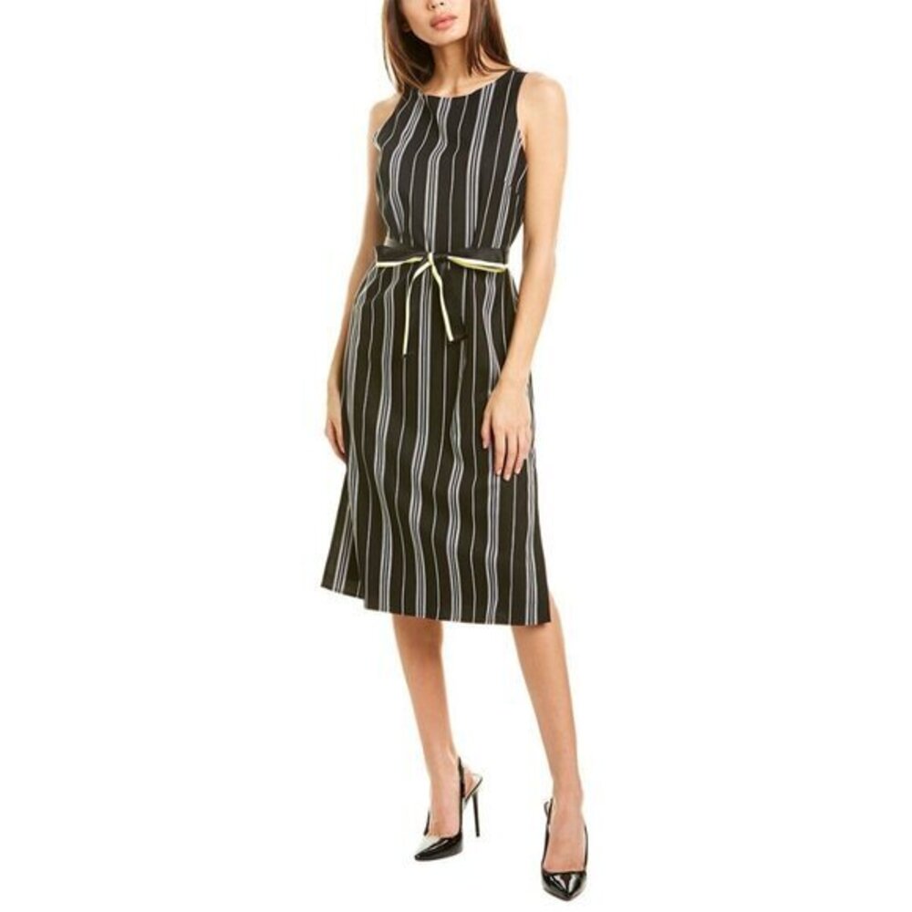 Vince Camuto Striped Midi Dress Side Slits Black White Yellow Belt Sz 6 NWT